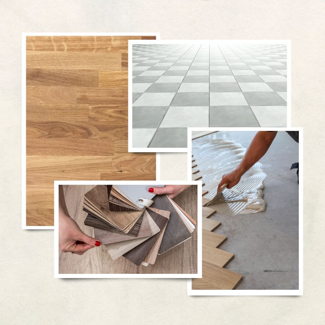 4 images of different kitchen floor options, wood, tile, laminate and engineered wood
