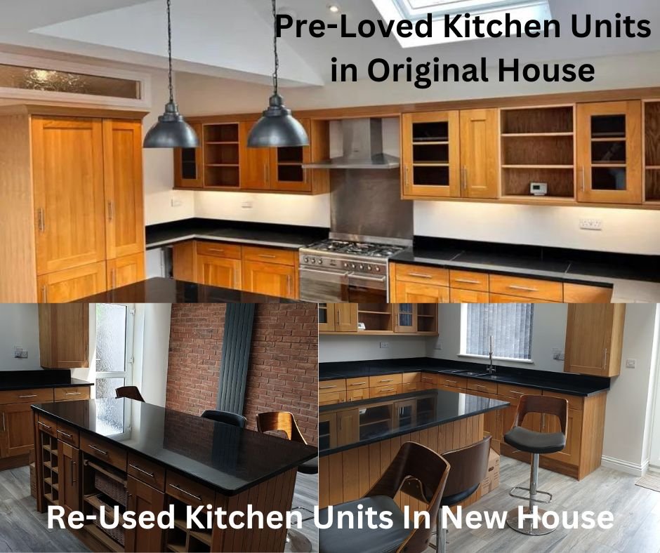 Designing Your Dream Kitchen - A wooden cupboard style kitchen in it's original setting as top image. Below the same pre-loved kitchen is shown in it's new house.